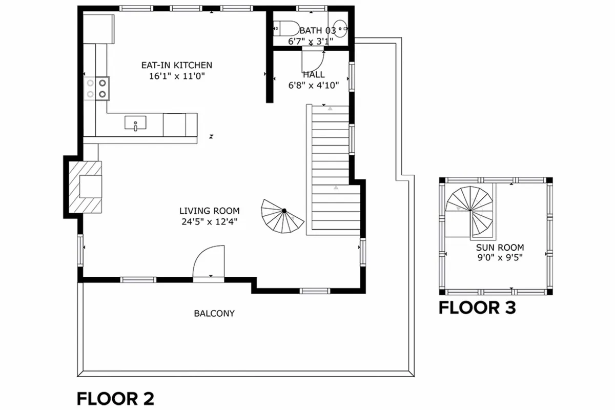The image presents an open-plan eat-in kitchen, a welcoming living room, a sunroom, and a balcony. The layout showcases spaces designed for gathering, cooking together, and relaxing, with abundant natural light and hints of the outdoors visible through the windows. The balcony connects the interior to the outside, perfect for enjoying ocean breezes after a day of local discovery.